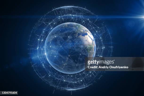 satellite connection around earth - connection stock-fotos und bilder