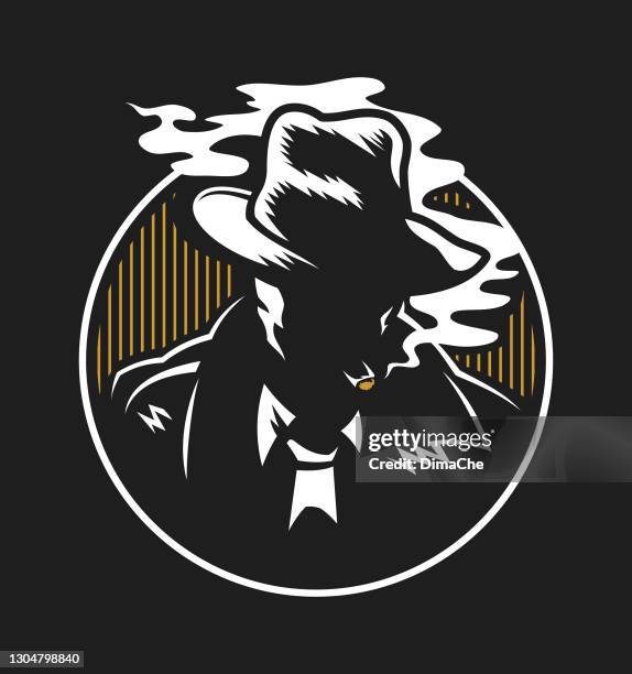 man in a hat smokes a cigar cut out silhouette vector icon - cigar label stock illustrations
