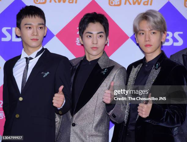 Chen, Xiumin and Baekhyun of EXO attend the 2017 SBS Gayo Daejeon at Gocheok Sky Dome on December 25, 2017 in Seoul, South Korea.