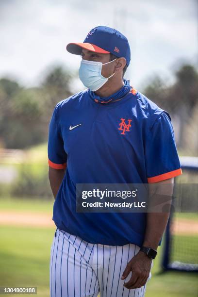 Port St. Lucie, Florida: New York Mets manager Luis Rojas wear face mask during a spring training workout on February. 28 in Port St. Lucie, Florida.