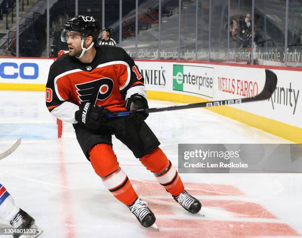 Andy Andreoff of the Philadelphia Flyers skates against the New York Rangers at the Wells Fargo Center on February 24, 2021 in Philadelphia,...