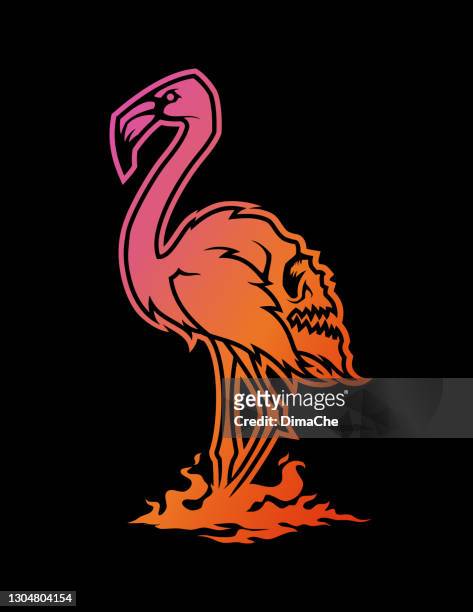 rosa flamingo silhouette mit einem schädel auf dem rücken steht in feuer - flamingos stock-grafiken, -clipart, -cartoons und -symbole