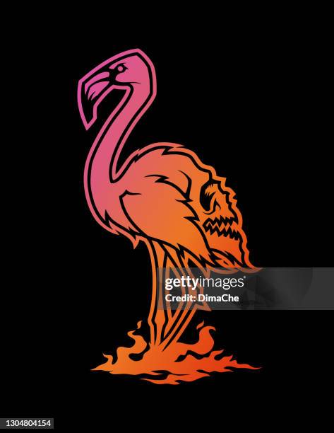 pink flamingo silhouette with a skull on its back stands on fire - flamingo stock illustrations