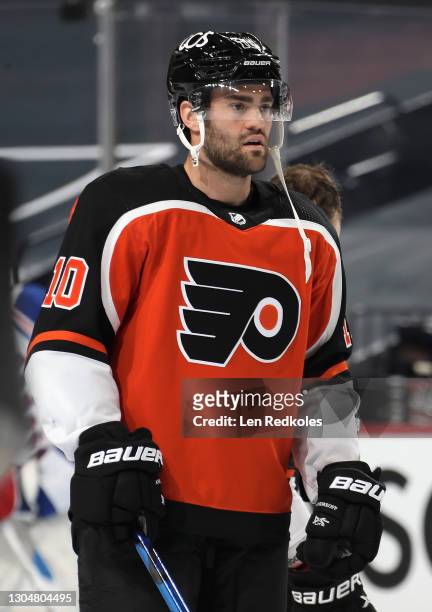 Andy Andreoff of the Philadelphia Flyers looks on during warm-ups prior to his game against the New York Rangers at the Wells Fargo Center on...