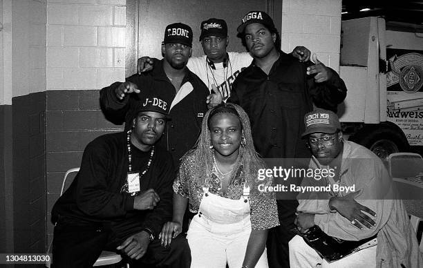 Rapper Chuck D. Of Public Enemy poses for photos with rappers T Bone, Ice Cube, J-Dee, Yo-Yo and DJ Sir Jinx of Da Lench Mob backstage at The Arena...