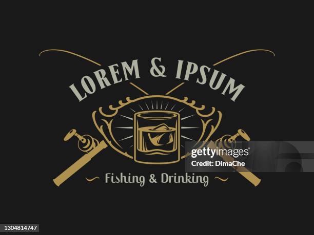 fishing and drinking bar or club emblem concept with glass of iced drink and crossed rods - vintage fishing reel stock illustrations