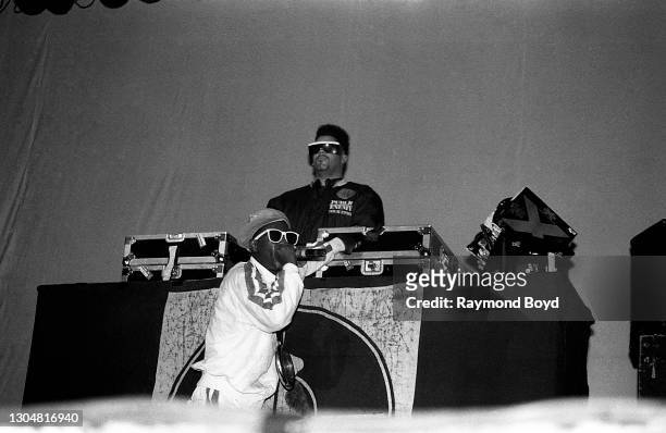 Rapper Flavor Flav and DJ Terminator X of Public Enemy performs at the Aragon Ballroom in Chicago, Illinois in December 1990.