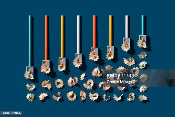 pencil sharpener sharpening pencils with pencil shavings - arranging ideas stock-fotos und bilder