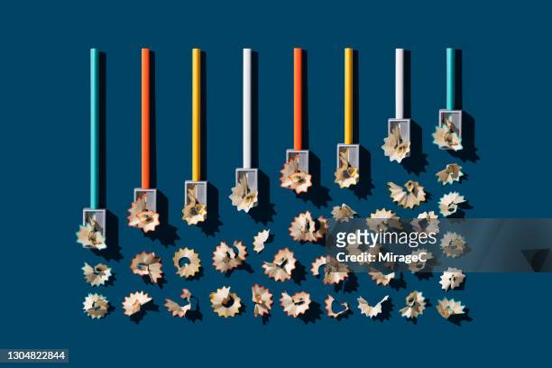 pencil sharpener sharpening pencils with pencil shavings - length concept stock pictures, royalty-free photos & images
