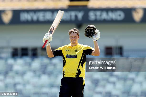 Cameron Green of the Warriors celebrates his century during the Marsh One Day Cup match between Western Australia and South Australia at WACA on...