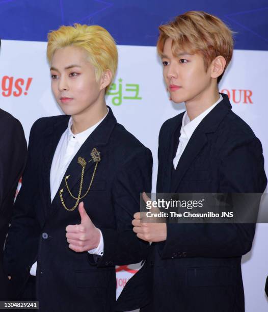 Xiumin and Baekhyun of EXO attend the 2017 Gaon Chart K-pop Music Awards at Jamsil Arena on February 22, 2017 in Seoul, South Korea.