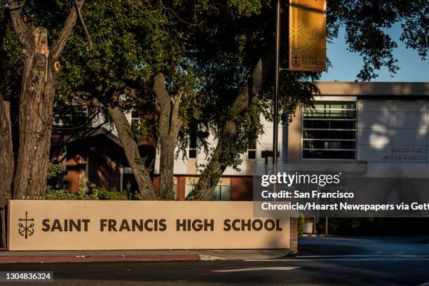 An exterior view of St. Francis High School is seen in Mountain View, California Wednesday, Feb. 17, 2021. A pair of teenage boys and their parents...