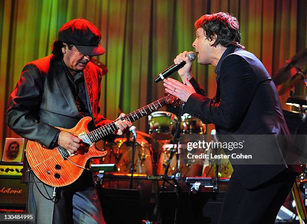 Musician Caralos Santana and singer Rob Thomas onstage during the 52nd Annual GRAMMY Awards - Salute To Icons Honoring Doug Morris held at The...