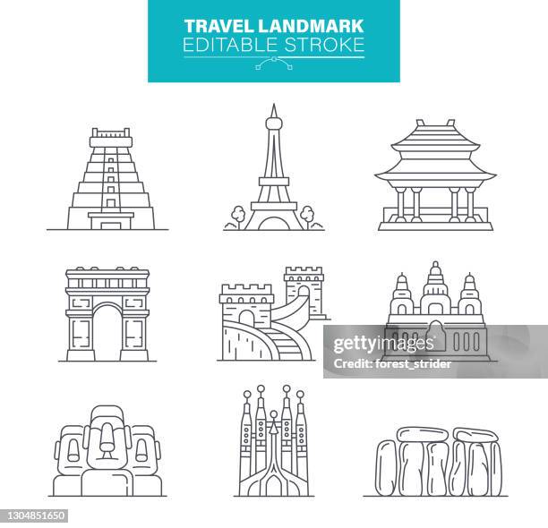 wonders of the world editable stroke - barcelona stock illustrations