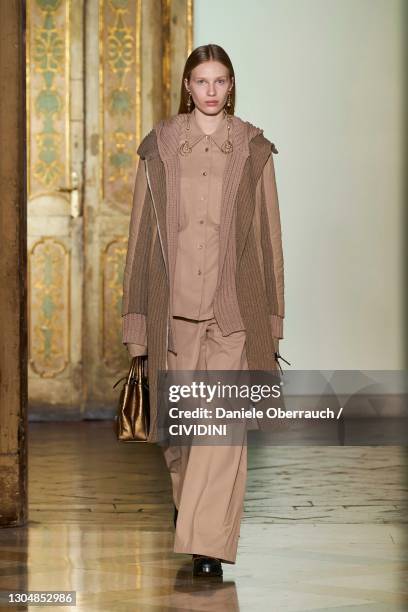 In this image released on February the 27th, a model walks the runway at the Cividini Fashion Show during the Milan Fashion Week Fall/Winter...