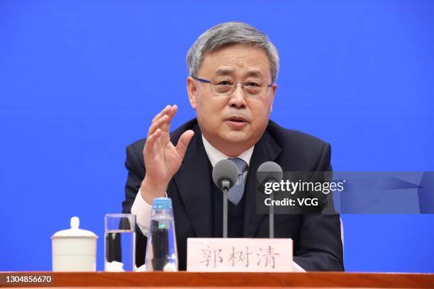 Guo Shuqing, Chairman of the China Banking and Insurance Regulatory Commission, attends a news conference of the State Council Information Office on...