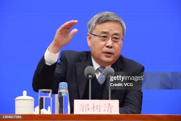 Guo Shuqing, Chairman of the China Banking and Insurance Regulatory Commission, attends a news conference of the State Council Information Office on...