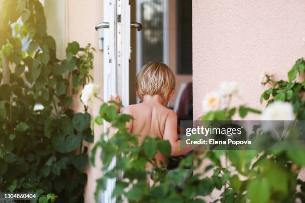 cute blond boy 2-3 y.o. playing at the backyard at summer sunny day - hot boy body stock-fotos und bilder