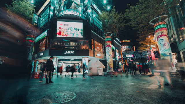 360 spin timelapse of people walking at Ximending Shopping District