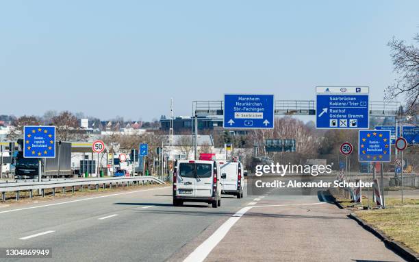 The border crossing between France and Germany on the A6 is seen on March 02, 2021 in Saarbruecken, Germany. As of today German authorities are...