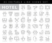 Hotel Line Icons. Editable Stroke. Pixel Perfect. For Mobile and Web. Contains such icons as Hotel, Service, Luxury, Hotel Reception, Taxi, Restaurant, Bed, Towel, Support, Swimming Pool, Bath, Location, Beach, Key, Breakfast, Receptionist, Hostel