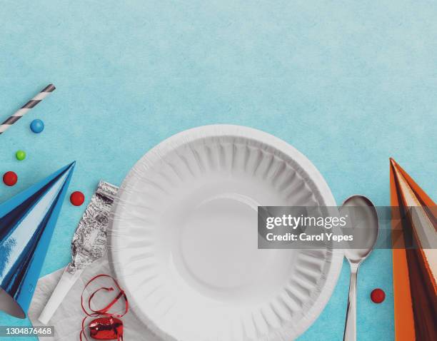 template birthday concept.empty plate with party items,space for copy - birthday template picture stock pictures, royalty-free photos & images