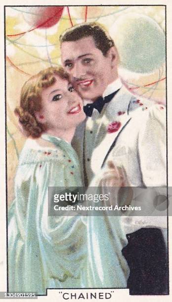 Collectible tobacco or cigarette card, 'Shots from Famous Films' series, published in 1935 by Gallaher Ltd, here actors Joan Crawford and Clark Gable...