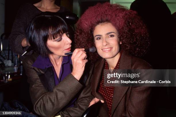 Marie Laforet and her daughter Lisa Azuelos pose backstage during the Antonio Miro Ready to Wear AW 1995-96 show as part of Paris Fashion Week on...