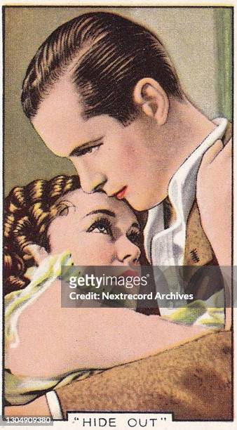 Collectible tobacco or cigarette card, 'Shots from Famous Films' series, published in 1935 by Gallaher Ltd, here actors Robert Montgomery and Maureen...