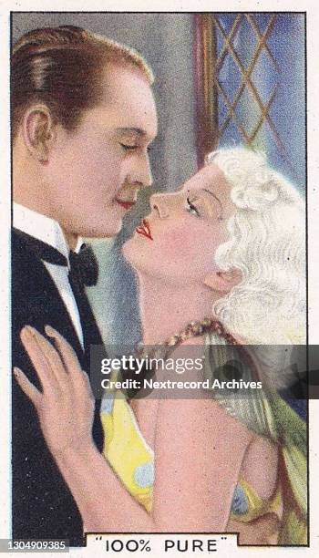 Collectible tobacco or cigarette card, 'Shots from Famous Films' series, published in 1935 by Gallaher Ltd, here actors Jean Harlow and Franchot Tone...