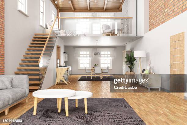 loft kamer met mezzanine - mezzanine stockfoto's en -beelden