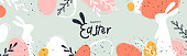 Happy Easter banner. Trendy Easter design with typography, hand painted strokes and dots, eggs and bunny in pastel colors. Modern minimal style. Horizontal poster or greeting card