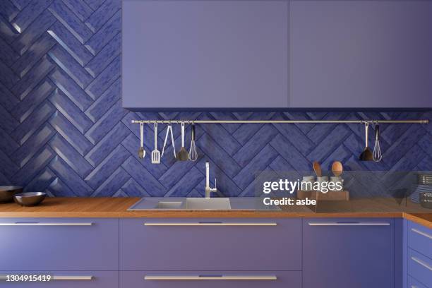 blue kitchen counter - blue tiles stock pictures, royalty-free photos & images