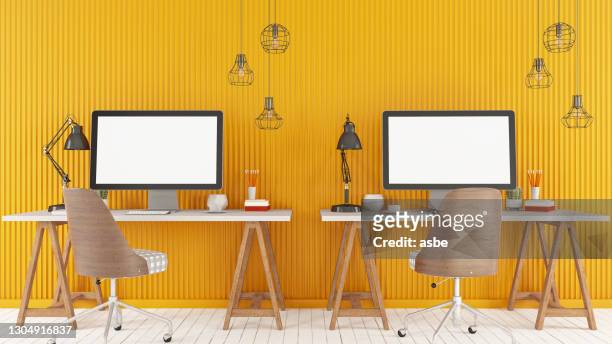 workspace with two blank computer screens - travel agent stock pictures, royalty-free photos & images