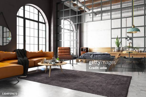 industrial style loft bedroom wiht living room - living room floor stock pictures, royalty-free photos & images
