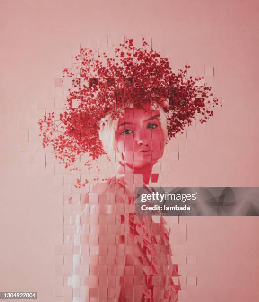 analog collage with female portrait in pink colors - pixelated portrait stock pictures, royalty-free photos & images