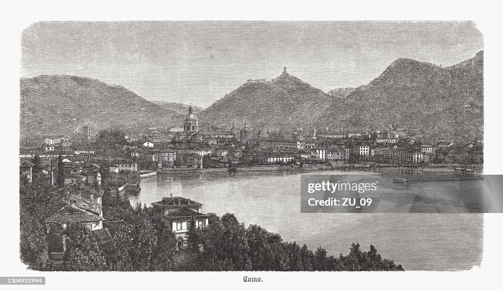Historical view of Como, Lombardy, Italy, wood engraving, published 1893