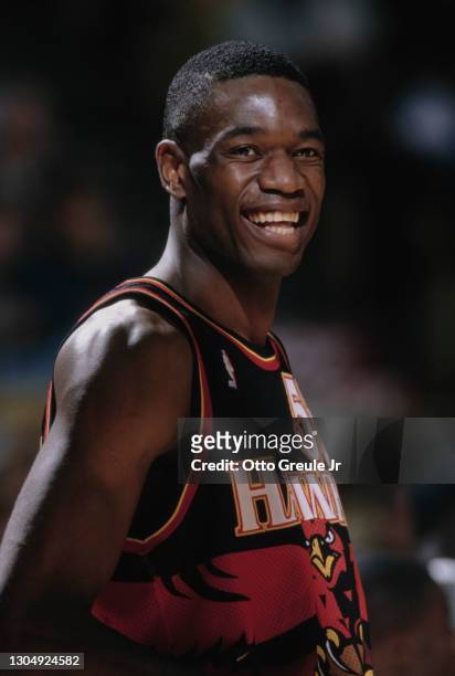 Dikembe Mutombo, Center for the Atlanta Hawks during the NBA Pre Season basketball game against the Los Angeles Lakers on 24th October 1997 at the...