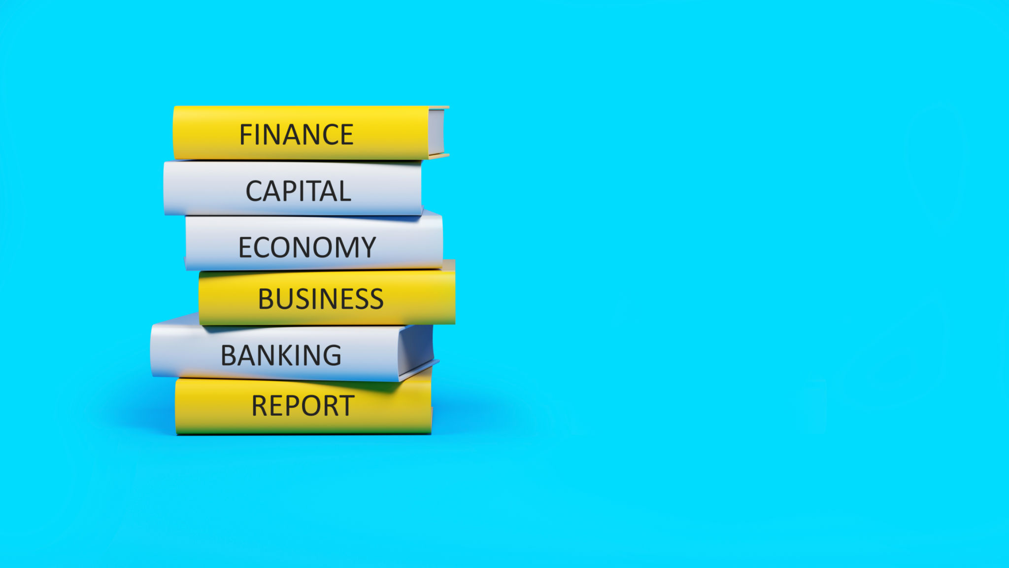 Yellow and white books listed under finance on blue background Yellow and white books listed under finance on blue background
