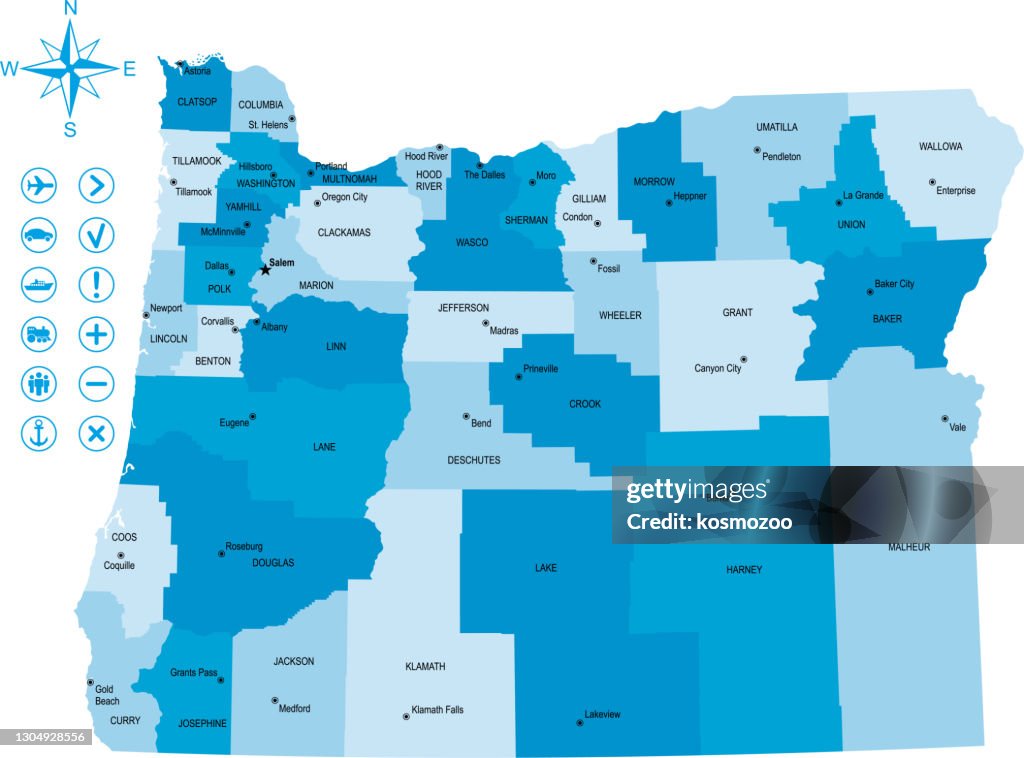 Map of Oregon with icons and key