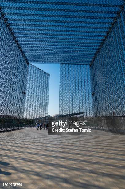 entrance gate of expo 2020 terra pavilion for the postponed expo which will be held in 2021 in the uae - expo 2020 dubai stock pictures, royalty-free photos & images