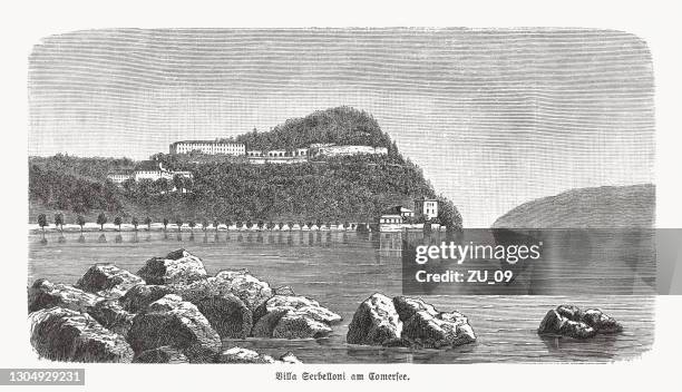 villa serbelloni, lake como, lombardy, italy, wood engraving, published 1893 - lake como stock illustrations