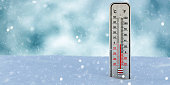 Thermometer outdoors on snowy background, temperature zero degrees Celcius. 3d illustration