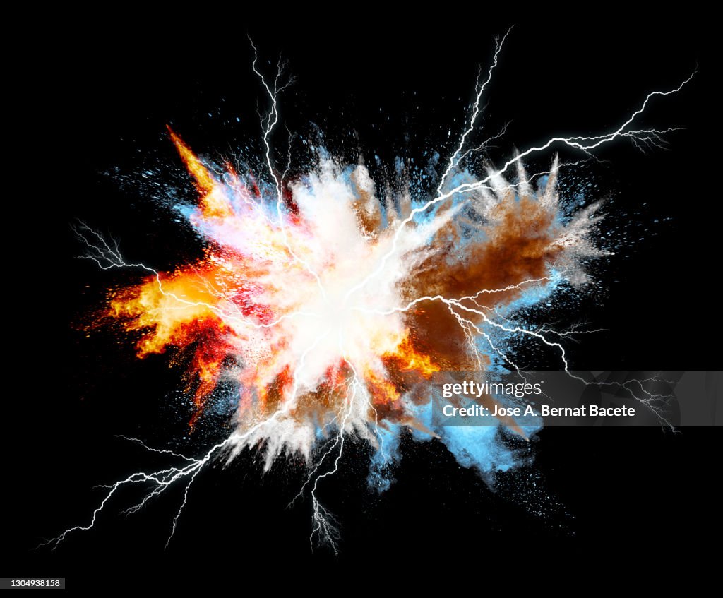 Electric short circuit explosion with smoke and lightning on a black background.