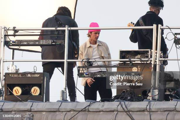 Justin Bieber is seen filming a video on the rooftop of the Crillon Hotel on March 2, 2021 in Paris, France.