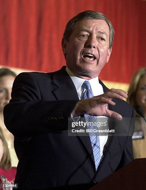 Senator John Ashcroft stresses the importance of the Republican vote during a rally at a local high school November 5, 2000 in Chesterfield, MO....