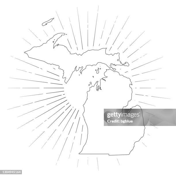 stockillustraties, clipart, cartoons en iconen met de kaart van michigan met zonnestralen op witte achtergrond - michigan