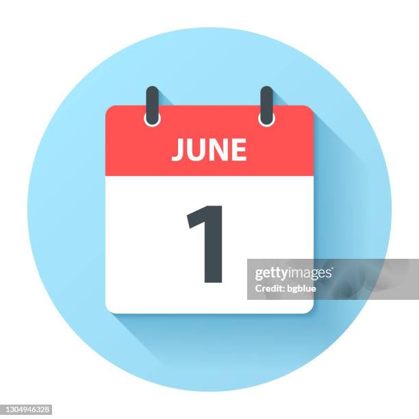 ilustraciones, imágenes clip art, dibujos animados e iconos de stock de 1 de junio - icono del calendario diario redondo en estilo de diseño plano - junio