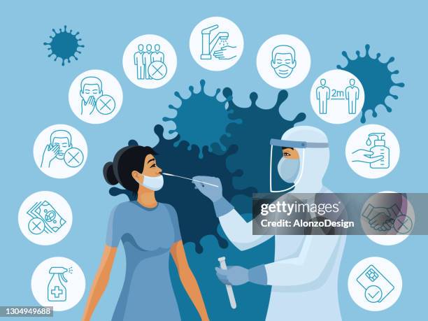 doctor testing patient. covid-19 outbreak prevention icons set. - scrubbing up stock illustrations