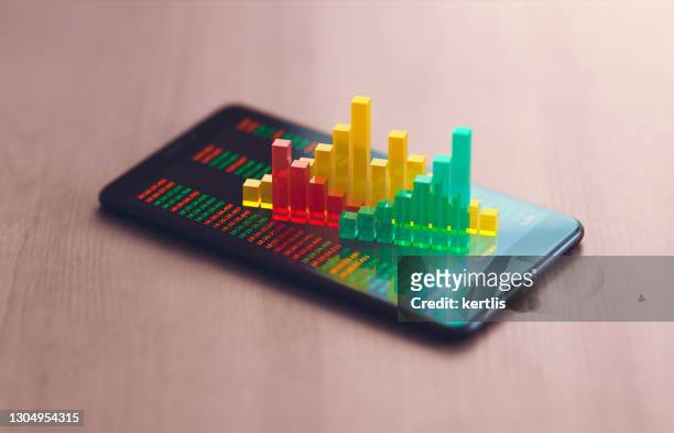 trading in financial markets - smartphone with charts - volatility stock pictures, royalty-free photos & images